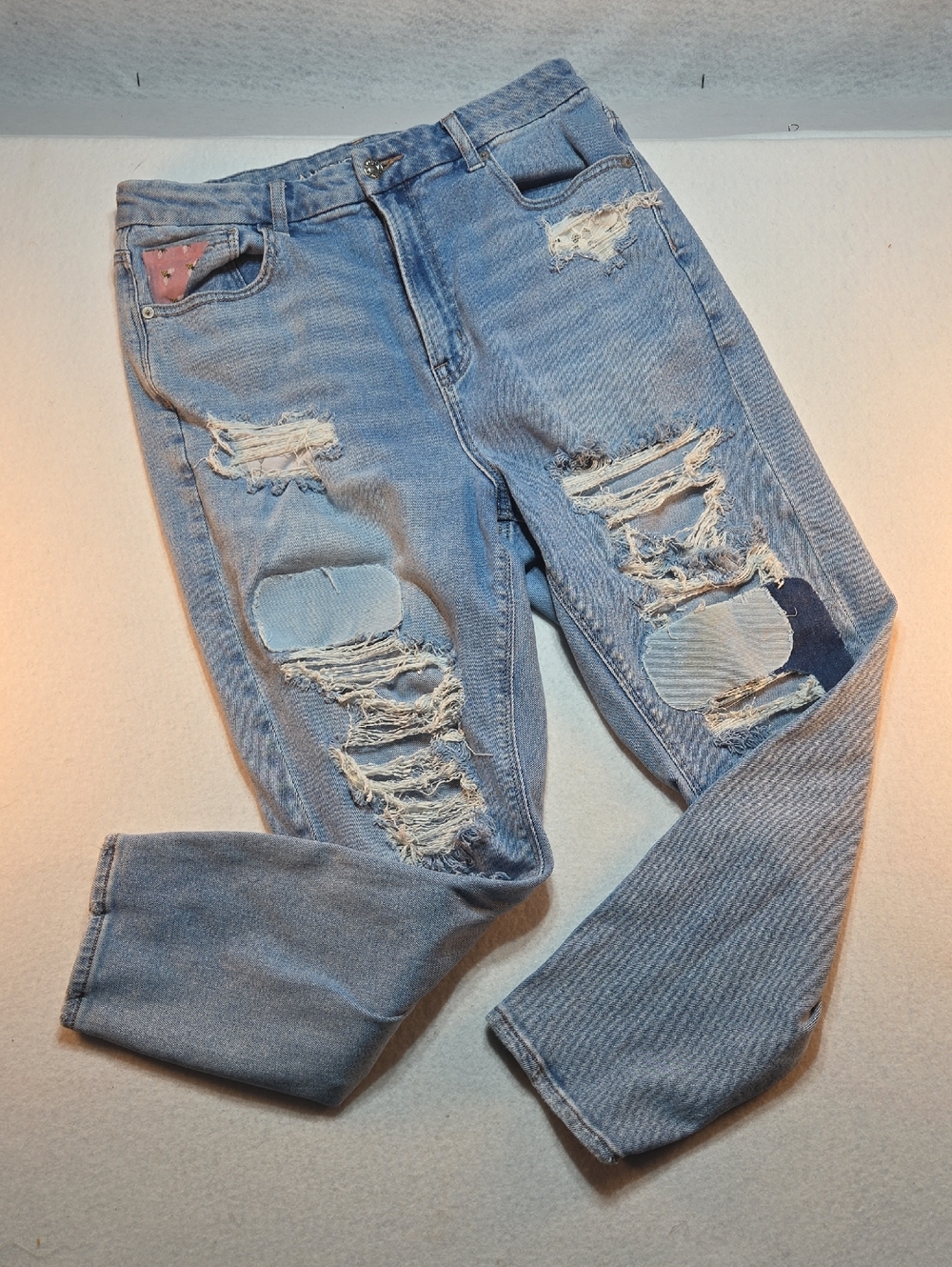 American Eagle Distressed Patchwork Jeans with Bee Accents